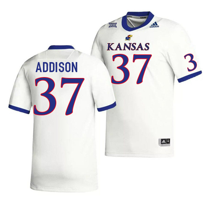 Men #37 Grayden Addison Kansas Jayhawks College Football Jerseys Stitched Sale-White - Click Image to Close